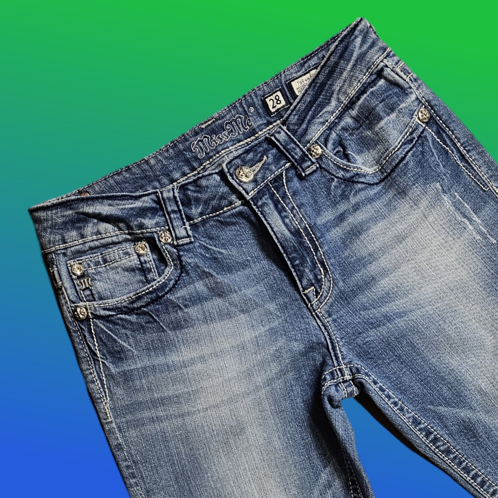 Miss Me Blue Ankle Cropped Jeans with Distressed Finish - Picture 3 of 9